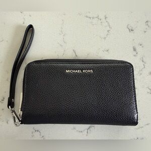 Michael Kors Black Leather Wristlet with Silver Hardware